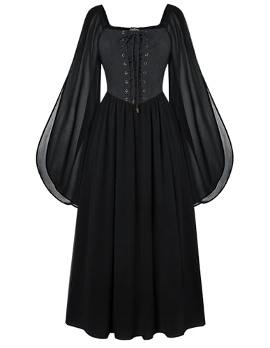 Scarlet Darkness Mittelalterliches Kleid für Damen, schwarzes Renaissance-Kleid, Glockenärmel, Halloween, Hexenkostüme, Schwarz, Größe L von SCARLET DARKNESS