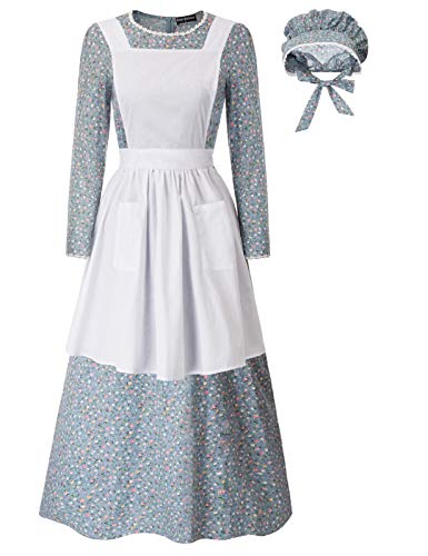 Scarlet Darkness Pioneer Damen Blumen-Prairie-Kleid Deluxe Kolonial Kleid Laura Ingalls Kostüm, Blau, S von SCARLET DARKNESS