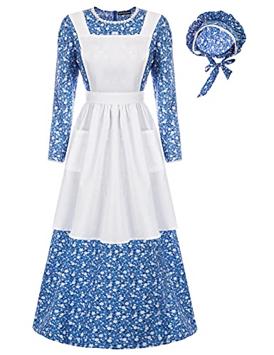 Scarlet Darkness Pioneer Damen Blumen-Prairie-Kleid Deluxe Kolonial Kleid Laura Ingalls Kostüm, Blau-Weiß, XXL von SCARLET DARKNESS