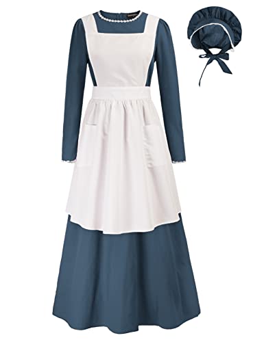 Scarlet Darkness Pioneer Damen Blumen-Prairie-Kleid Deluxe Kolonial Kleid Laura Ingalls Kostüm, Marineblau, L von SCARLET DARKNESS