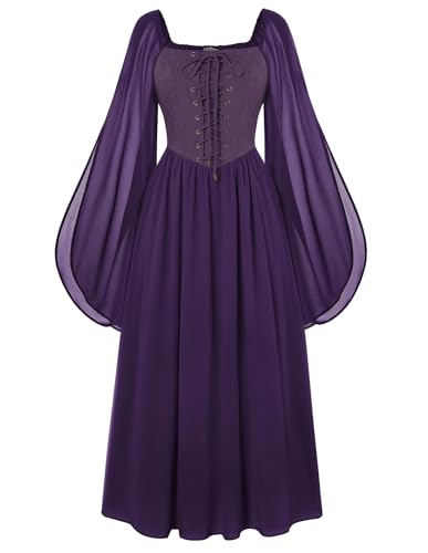 Scarlet Darkness Renaissance-Kleid für Damen, mittelalterliches Hexenkostüm, Schlitzärmel, lang, fließende Feenkleider, Lila, Größe L von SCARLET DARKNESS