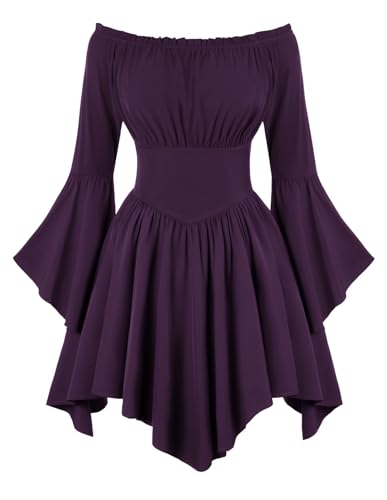 Scarlet Darkness Renaissance-Kostüm für Damen, schulterfrei, Glockenärmel, Taschentuchkleid, Violett, Small von SCARLET DARKNESS