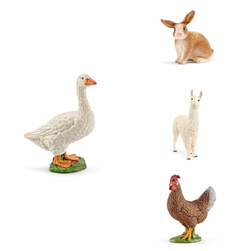 SCHLEICH 4-teiliges Spielfiguren Set Frühlings-Tiere, beinhaltet Gans, Hase, Henne und Lama von SCHLEICH