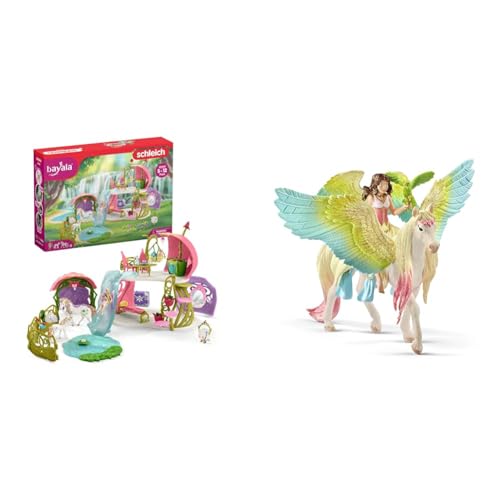 SCHLEICH 42445 BAYALA Glitzerndes Blütenhaus mit Einhörnern & BAYALA 70566 Fee Surah und Einhorn Glitzer Pegasus 3-TLG Spielset von SCHLEICH