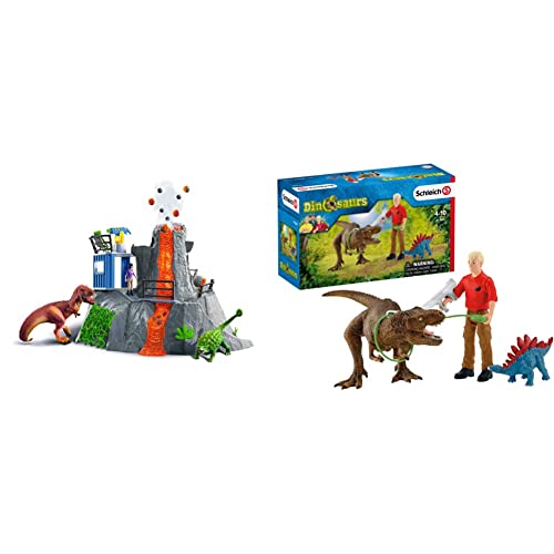 SCHLEICH 42564 Spielset - Große Vulkan-Expedition (Dinosaurs) & 41465 Dinosaurs Spielset - Tyrannosaurus Rex Angriff, Spielzeug ab 5 Jahren von SCHLEICH