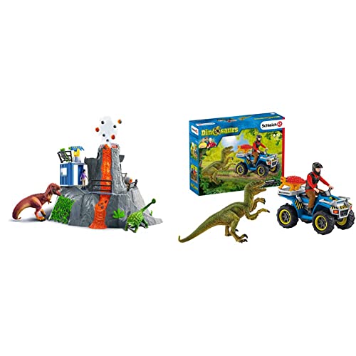 SCHLEICH 42564 Spielset - Große Vulkan-Expedition (Dinosaurs) & 41466 Dinosaurs Spielset - Flucht auf Quad vor Velociraptor, Spielzeug ab 5 Jahren von SCHLEICH