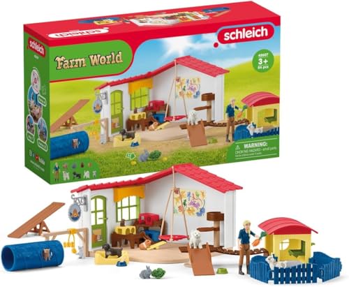 schleich FARM WORLD 42607 Bauernhof Baby Tierhotel mit Tierpflegerin - Großes 54-teiliges Tiere Spielset mit Hund, Katze, Hase und Zubehör, Fantasievolles Bauernhof Spielzeug ab 3 von SCHLEICH