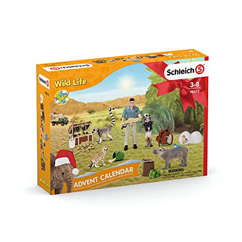 schleich WILD LIFE 98272 Adventskalender Kinder - Tiere Figuren Set mit Abenteuerfigur - Mit Baby Nilpferd, Gepard, Lemur, Elefant, Erdmännchen, Wissenschaftler - Ab 3 Jahren von SCHLEICH