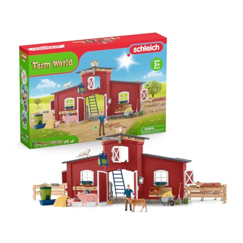 schleich FARM WORLD 42606 Bauernhof Spielset mit Figur und Zubehör - 92-Teiliges Tiere Spielset mit Kuh, Pferd, Schwein, Stier und Zubehör, Fantasievolles Bauernhof Spielzeug ab 3, Rot von SCHLEICH