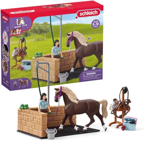 schleich 42438 HORSE CLUB Waschplatz mit HORSE CLUB Emily & Luna, 19 Teile Spielset mit vollbeweglicher menschlicher Figur, schleich Pferde Figur und Zubehör, Spielzeug für Kinder ab 5 Jahren von SCHLEICH