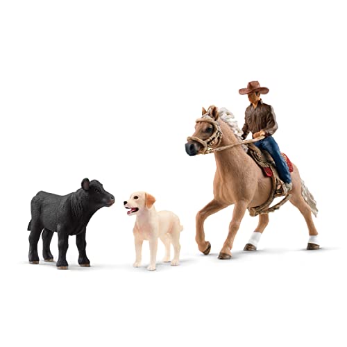 schleich FARM WORLD 42578 Bauernhof Rodeo Abenteuer Spielset, 6-Teiliges Tiere Set mit Cowboy, Pferd, Kalb, Hund und Zubehör, Realistisches Western Rodeo Bauernhof Spielzeug für Kinder von SCHLEICH