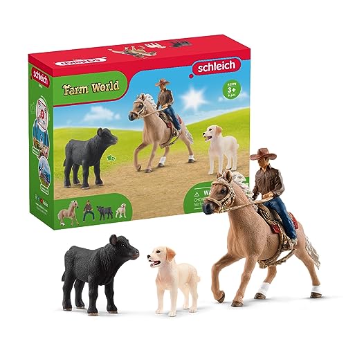 schleich FARM WORLD 42578 Bauernhof Rodeo Abenteuer Spielset, 6-Teiliges Tiere Set mit Cowboy, Pferd, Kalb, Hund und Zubehör, Realistisches Western Rodeo Bauernhof Spielzeug für Kinder von SCHLEICH