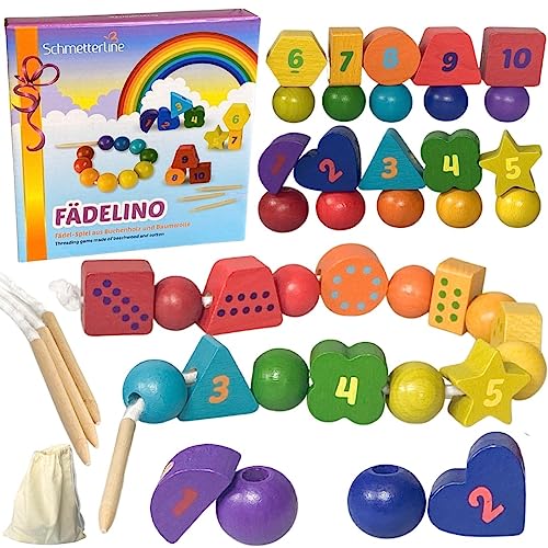 SCHMETTERLINE® Fädelspiel aus Holz – Montessori Auffädel-Spiel mit 20 großen Holzperlen und 4 Kordeln – Motorik-Spielzeug zum Auffädeln von Perlen für Kinder ab 3 Jahren – Perlen-Fädelspiel Auffädeln von SCHMETTERLINE