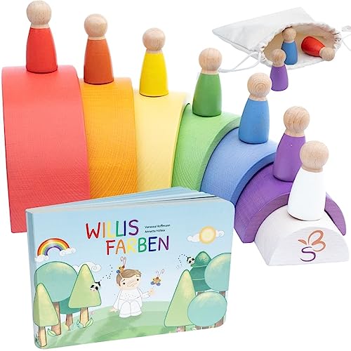 SCHMETTERLINE® Regenbogen-Holz Spiel inkl. Holzfiguren & Vorlesebuch – Montessori-Regenbogen Spielzeug für Kinder ab 3 Jahren – Holz Lernspielzeug – Regenbogen Holzspielzeug mit Holzpuppen von SCHMETTERLINE