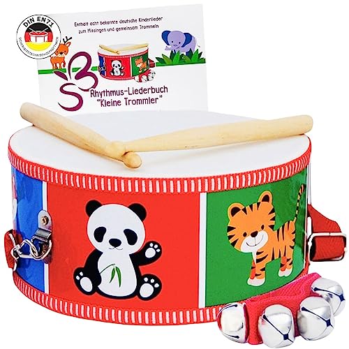 SCHMETTERLINE® | Kindertrommel – Trommel aus Holz inkl. Glockenarmband, Trommelbuch – Trommel für Kinder zum Umhängen mit verstellbaren Trageriemen – Musikinstrument für Kinder ab 3 Jahren von SCHMETTERLINE