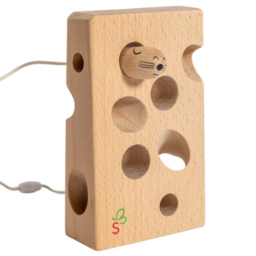SCHMETTERLINE® Fädelspiel aus Holz – extra großes Fädelspielzeug – Montessori Motorik-Spielzeug für Kinder ab 2 Jahre – Fädel-Käse aus Natur-Buchenholz – Sicher, geprüft und schadstofffrei von SCHMETTERLINE