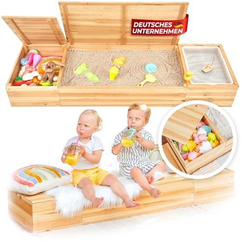 SCHRIMA® 4 in 1 Sandkasten aus lackiertem Massivholz - Wasserwanne und Staufach neben großem Sandfach inkl. Vlies, mit Holzabdeckung als Kindersitzbank verwendbar, für Terrasse, Balkon oder Garten von SCHRIMA