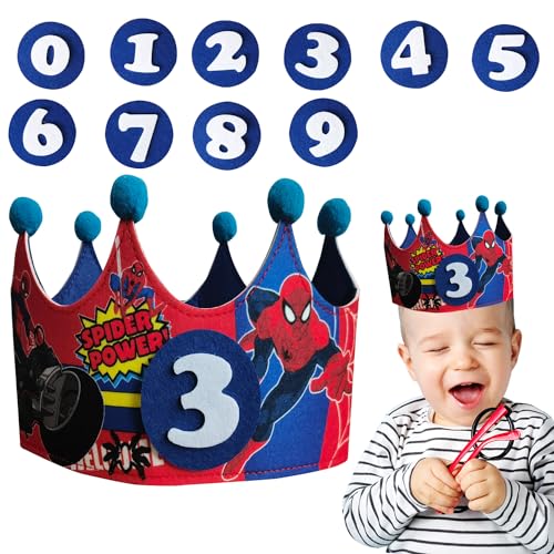 Spider-Man Geburtstagskrone für Kinder, Geburtstagskrone aus Stoff mit Auswechselbaren Zahlen von 0-9, Unisex Krone für Kinder Geburtstag Party Supplies,Kindergeburtstag deko |für den Kindergeburtstag von SCOOVY