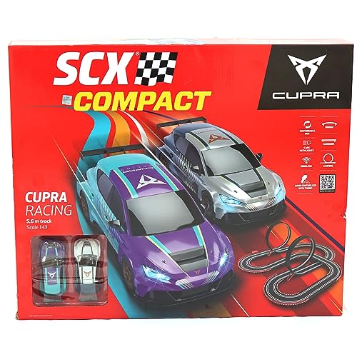 SCX Compact Cupra Racing Circuit 5,60 m of Track with: 2 Cars with Light -2 Wireless Controls Bridge Halterungen - Fenster - 2 Looping Transformer 12 V - Maße 114 x 107 cm von SCX