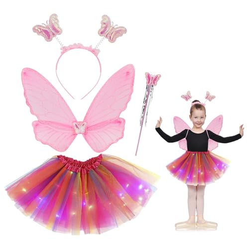 SDAOP Fee Kostüm Mädchen Kinder: Feen Schmetterling kostüme Tutu Flügel Feenkostüm Zauberstab und Haarreifen Prinzessin Fee Faschingskostüm Fasching Costume Dress Up für 3 bis 8 J (Pink) von SDAOP