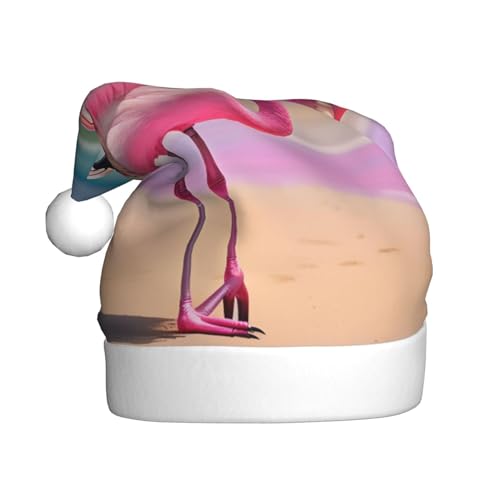 1 x Flamingo am Strand, Weihnachtsmütze, Plüschstoff, Weihnachtsmannmütze für Weihnachten, Kostümparty und Feiertagsveranstaltungen von SDEGTHO