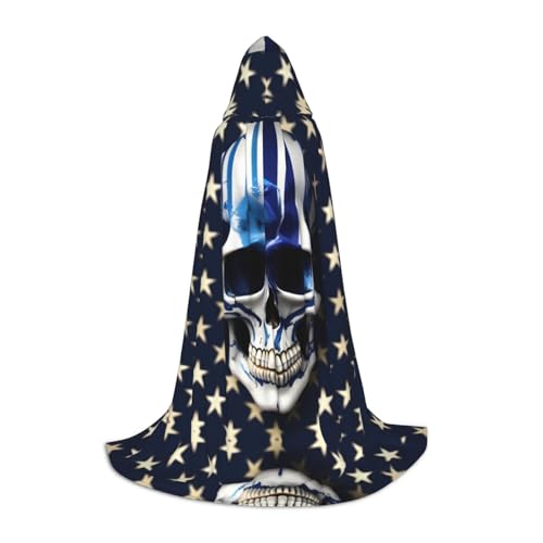 SDEGTHO Blauer gestreifter Totenkopf-Umhang mit Kapuze, langer Kapuzenumhang, Karneval, Kostüme, Kapuzenumhang, Maskerade von SDEGTHO