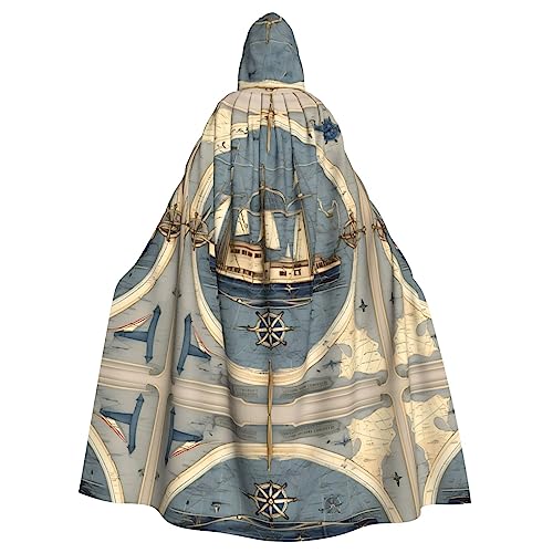 SDEGTHO Segelboot-Karten-Druck, Erwachsenen-Kapuzenumhang, Halloween-Hexenkostüm für Damen und Herren, Cosplay-Kostüme von SDEGTHO