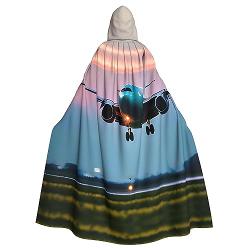 SDEGTHO Umhang mit Kapuze für Erwachsene, Motiv: Flugzeug in den Abendlichtern, Halloween-Hexenkostüm für Damen und Herren von SDEGTHO