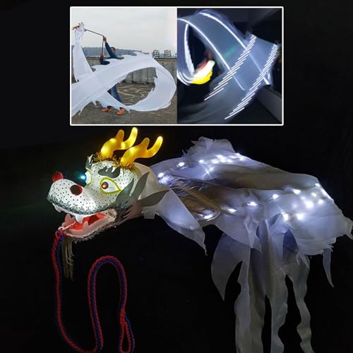 SDFVSDF Tanzband Weißlicht-Drachen-Streamer-Set, Chinesischer Drachen-Bühnenrequisit mit 3D-Drachenkopf, Event-Feier, Tanz-Drachen-Spinnbänder (Size : 10 m (33 ft)) von SDFVSDF