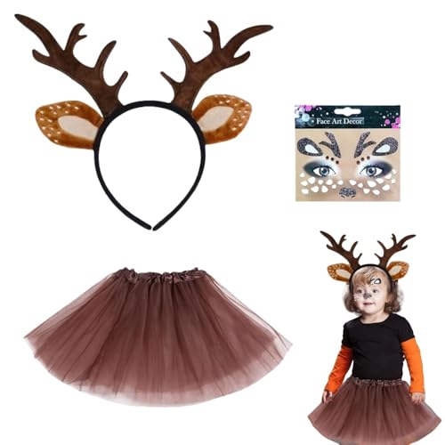SDXCJY 3-Teiliges Rentier-Kostüm-Set, das einen Rentier-Stirnband, Rentier-Gesichtstickern und einen Tutu Rock enthält. Halloween, Geburtstagspartys, Karneval und Bühnenaufführungen. (Braun) von SDXCJY