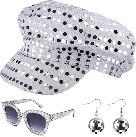 SDXCJY 3-teiliger 70er-Jahre-Paillettenhut, silberner Disco-Hut für Erwachsene,quadratischer Bling-Sonnenbrille, Disco-Kostüm-Set für Frauen, Themenparty, Geburtstag, Tanz (Silber) (Silber) von SDXCJY