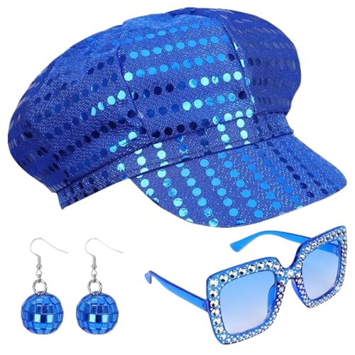 SDXCJY 3Stück Set 70er Jahre-Sequins-Hut, silberner Disco-Hut für Erwachsene. Mit sequiniertem Schmuckkette, quadratischen Glitzer-Sonnenbrillen. Disco-Kostüm-Set für Frauen (Blau) von SDXCJY