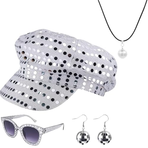 SDXCJY 4-Stück Set 70er Jahre-Sequins-Hut, silberner Disco-Hut für Erwachsene. Mit sequiniertem Schmuckkette, quadratischen Glitzer-Sonnenbrillen. Disco-Kostüm-Set für Frauen. (Silber) von SDXCJY