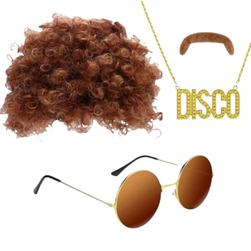 SDXCJY 4er-Set aus den 70er/80er Jahren - Afro-Poppige Perücke, Sonnenbrille, Halskette & Schnurrbart für groovige Kostüme, Hippie - oder Rocker - inspirierte lustige Partys und Halloween (Braun) von SDXCJY