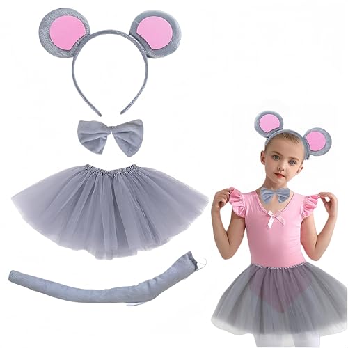 SDXCJY 5 Stück Ratatouille Kostüm Set,Tier Kostüm Set, Mäuseohren Handschuhe Fliege Schwanz Tutu-Rock Kostüm für Kleinkinder Kinder, Halloween Fasching Karneval Fasching Party. (Grau) von SDXCJY