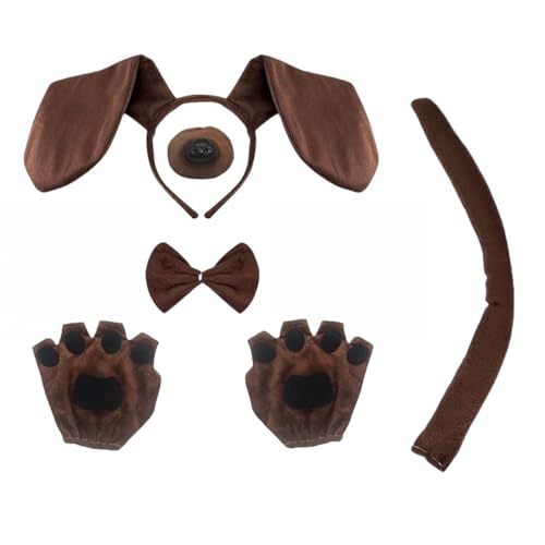 SDXCJY 5-teiliges Welpenkostüm-Set, Dackel-Hunde-Set mit Welpenohren, Stirnband, Fliege, falscher Nasenschwanz, Handschuhe, Fliege, Tierkostüm, Zubehör für Halloween, Mottoparty (braun) (Farbe) von SDXCJY