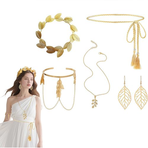 SDXCJY 5PCS Griechische Göttin Kostümzubehör Set, Golden Laurel Leaf, Quasten Taille Kette, Ohrringe, Halskette und Armring, Vintage Party Bridal Wedding Halloween Cosplay für Frauen. (Gold) von SDXCJY