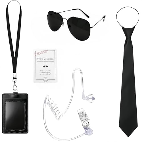 SDXCJY 6 Teile Agenten Kostüm Zubehör Set, Geheime Dienst Spionage Kostüm, mit Sonnenbrillen, Krawatten, Personalausweisen und Ausweisumhängern, Ohrenhörern sowie Kabelbändern. (black) von SDXCJY