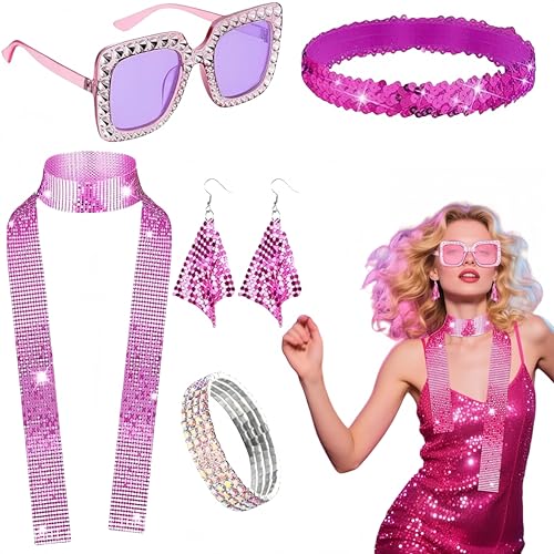 SDXCJY 6PCS Pink 70S 80S Disco Accessoires Set -Pailletten Schal, Sonnenbrille, Stirnband, Armband, Ohrringe, Kostümkit für Geburtstagsretro Disco Theme Party. (Rosa) von SDXCJY