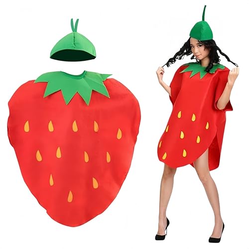 SDXCJY Erdbeerkostüm-Set für Erwachsene, lustiges rotes Frucht, Cosplay-Outfit mit Kopfbedeckung, weicher Vliesstoff, Einheitsgröße, ideal für Halloween, Motto-Partys, Rollenspiele und lustige Events von SDXCJY