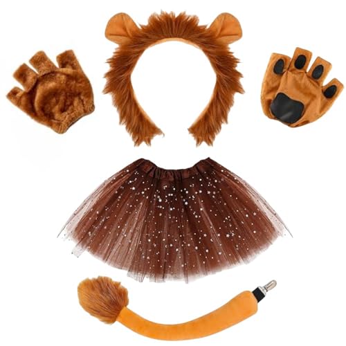 SDXCJY Löwen-Kostüm-Set, 4-teiliges Set mit Löwenohren, Handschuhen, Schwanz und Tutu-Rock, perfekt für Kinder und Erwachsene, Cosplay, Halloween, Geburtstag, Karneval, Bühnenaufführung (braun) von SDXCJY