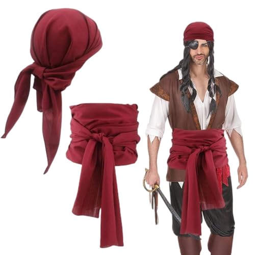 SDXCJY Piraten-Zubehör - Piraten-Stirnbänder, Gürtel für Herren und Damen, Piraten-Bandanas, Große Schärpen für Piratenkapitäne im Mittelalterstil, Ideal für Karneval für Erwachsene und Kinder (Rot) von SDXCJY