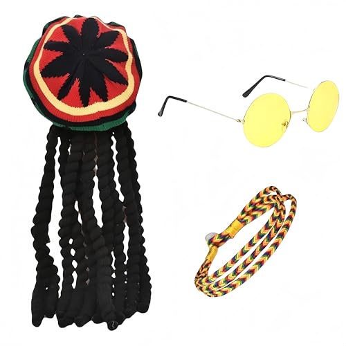 SDXCJY Rasta-Set, authentische jamaikanische Dreadlocks-Perücke, Hut, gelbe Brille und geflochtenes Armband für Partys, Cosplay und Maskerade (bunt) von SDXCJY