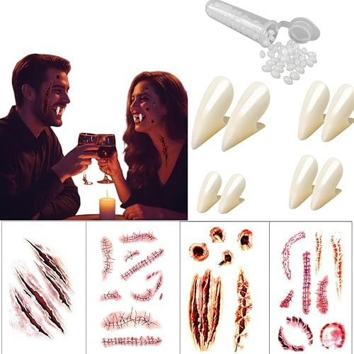 SDXCJY Vampirzähne für Halloween, Vampirzähne, 4 Größen, mit Klebstoff, Dracula-Zähne für Halloween, Party, Cosplay, Requisiten, Halloween-Zubehör, 8 Paar (13 mm, 15 mm, 17 mm, 19 mm) von SDXCJY