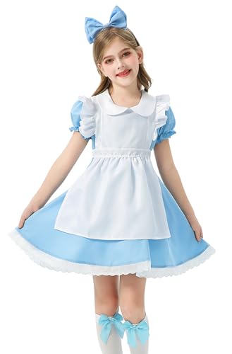 Lolita-Kleid für Kinder und Mädchen, mit weißer Schürze, Kopfbedeckung, Cosplay, Kostüm, Party, Uniform, Blau, 7–8 Jahre Lolita-Kleid für Kinder und Mädchen, mit weißer Schürze, Kopfbedeckung, Cosplay, Kostüm, Party, Uniform, Blau, 7–8 Jahre von SEAUR