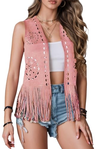 SEAUR Faux Wildleder Damen Cowboy Ärmellos Weste 70er Jahre Faux Wildleder Fransen Strickjacke Streetwear für Neujahrspartys Rosa 2XL von SEAUR