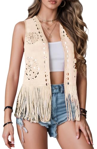 SEAUR Fransenweste Weich Cowgirl Weste Fransen Cardigan Hippie Gilet 70er Fransenweste Auffällig für Böhmische Partys Weiß M von SEAUR