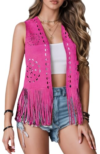 SEAUR Fransenweste Weich Cowgirl Weste Fransen Hippie Country 70er Fransenweste Auffällig Westernjacke für Halloween Kostüme Rot XL von SEAUR