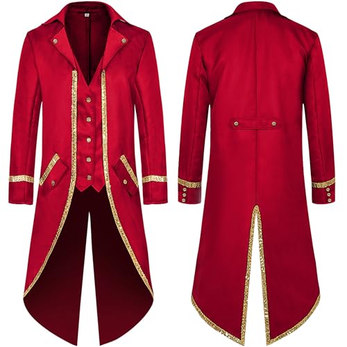 SEAUR Herren Frack Mittelalter Steampunk Frack Gold Trim Lange Jacke Gothic Viktorianisch Vintage Halloween Kostüm, Rot/Ausflug, einfarbig (Getaway Solids), XL von SEAUR