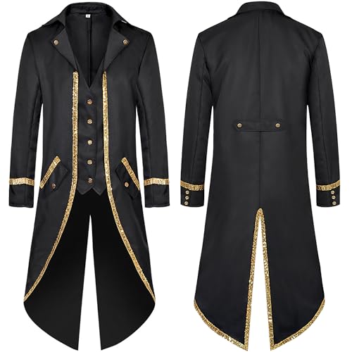 SEAUR Herren Frack Mittelalter Steampunk Frack Gold Trim Lange Jacke Gothic Viktorianisch Vintage Halloween Kostüm, Schwarz, L SEAUR Herren Frack Mittelalter Steampunk Frack Gold Trim Lange Jacke Gothic Viktorianisch Vintage Halloween Kostüm, Schwarz, L von SEAUR
